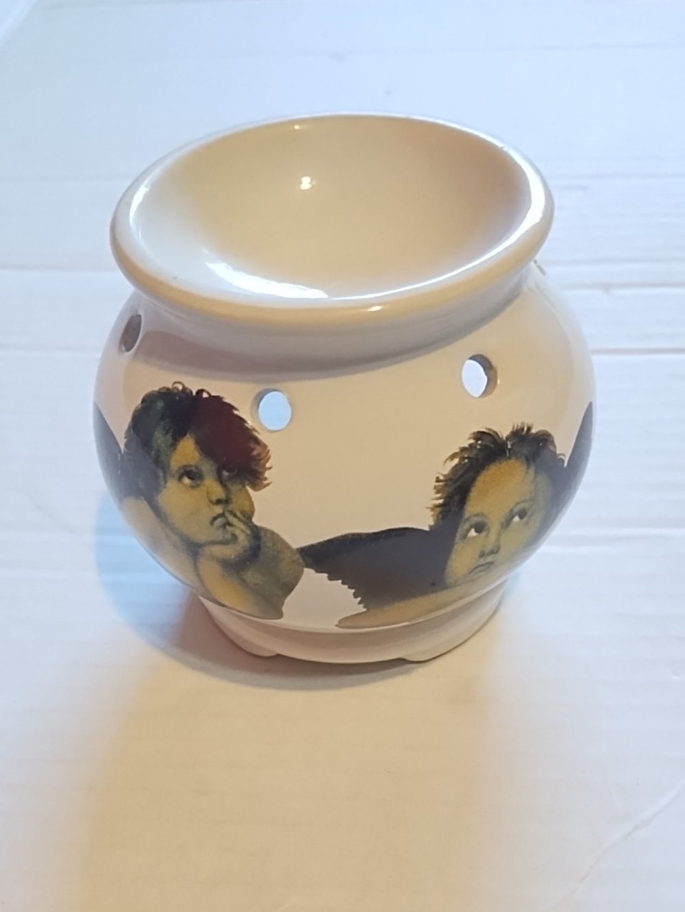 White Ceramic Oil Warmer with Cherub Angel Motif